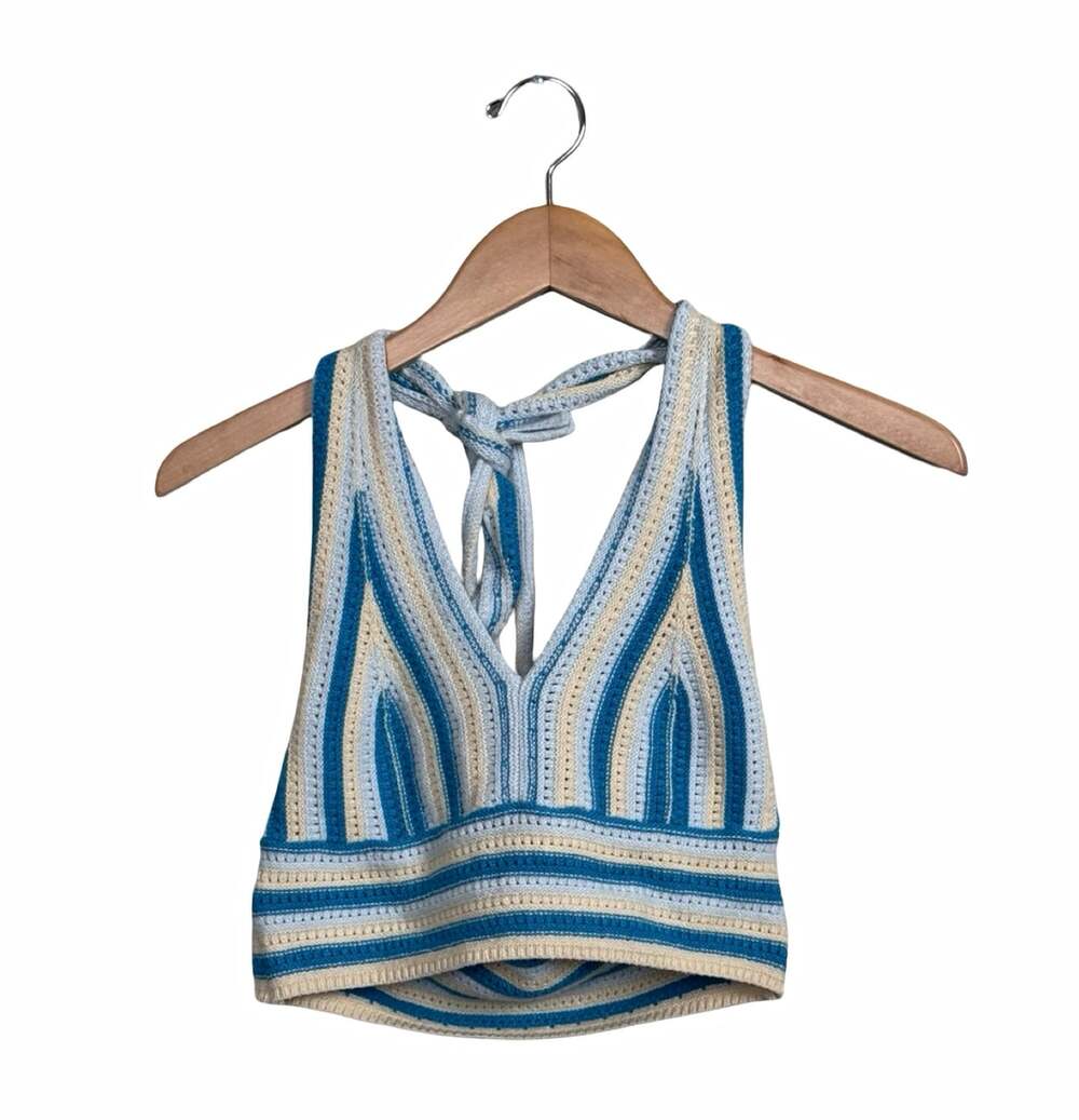 Crochet Striped Halter Bralette Bra Blue & Cream Tie Back Adjustable Strap M